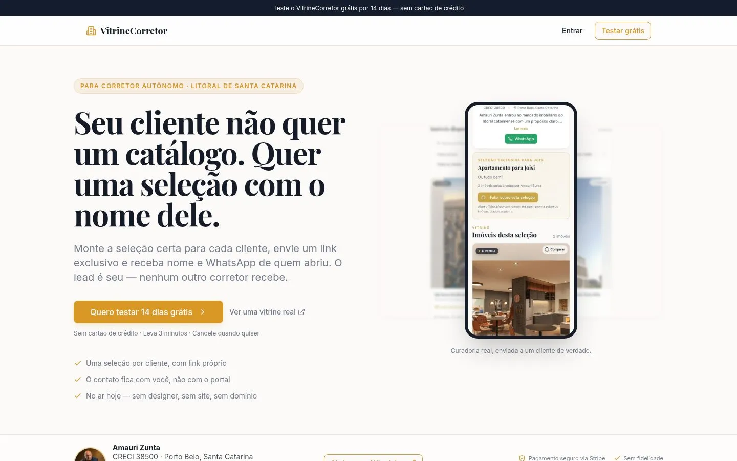 Primeira tela do Vitrine Corretor com o título “Seu cliente não quer um catálogo. Quer uma seleção com o nome dele.” e a composição de vitrines no celular