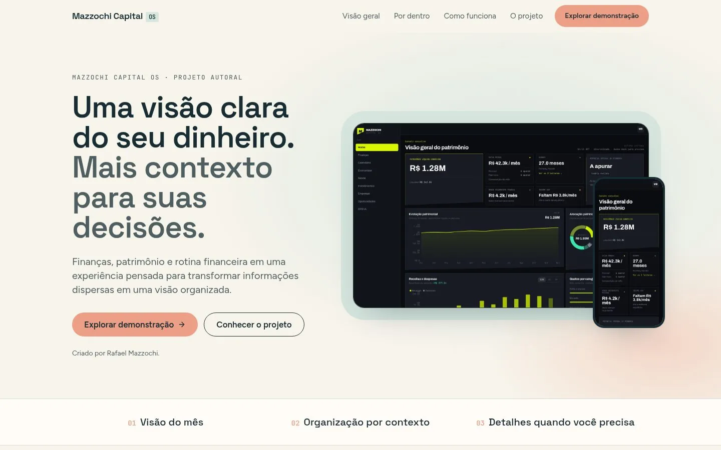 Primeira tela do Mazzochi Capital OS com o título “Uma visão clara do seu dinheiro. Mais contexto para suas decisões.” e telas do aplicativo
