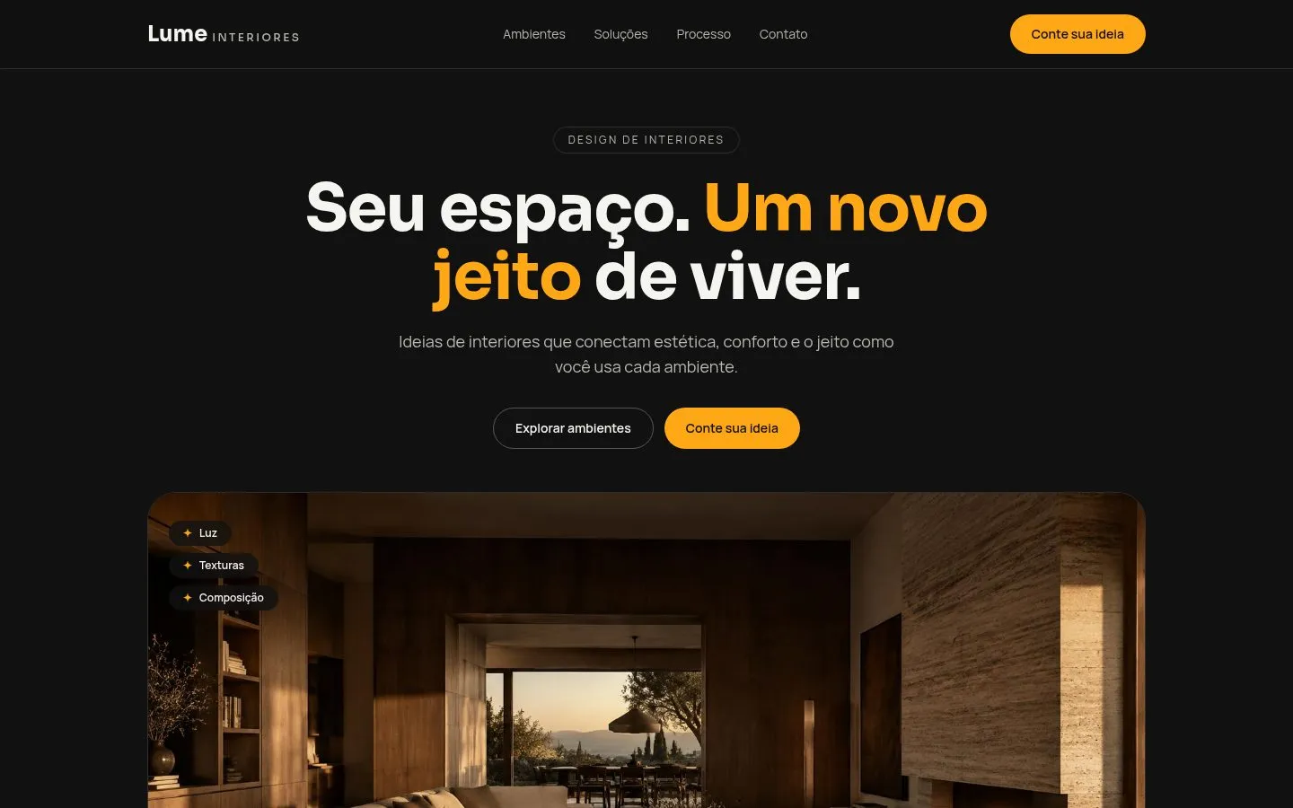 Primeira tela da Lume Interiores com o título “Seu espaço. Um novo jeito de viver.” e a imagem de um living